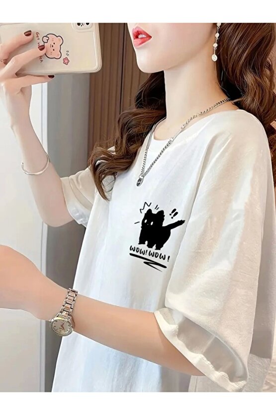 Baskılı Oversize Bisiklet Yaka T-shirt - Beyaz