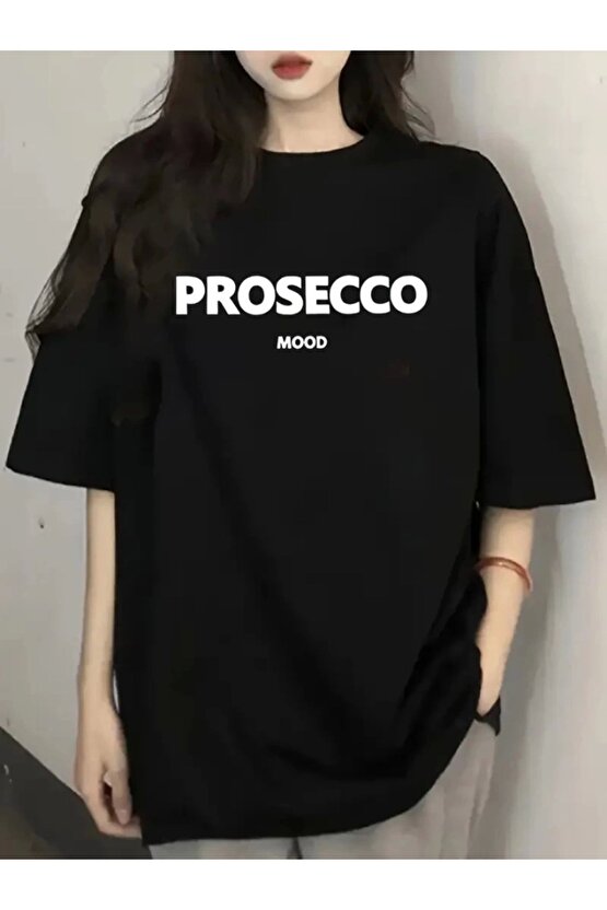 Baskılı Oversize Bisiklet Yaka T-shirt - Siyah