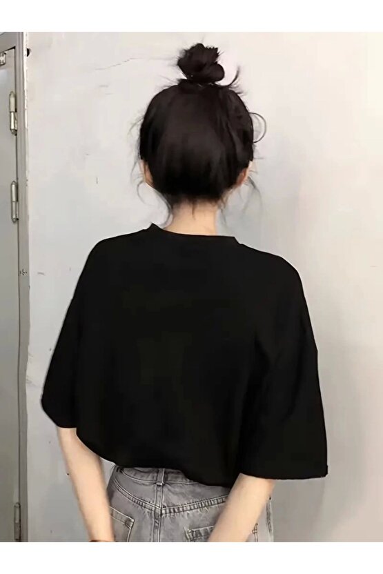 Baskılı Oversize Bisiklet Yaka T-shirt - Siyah