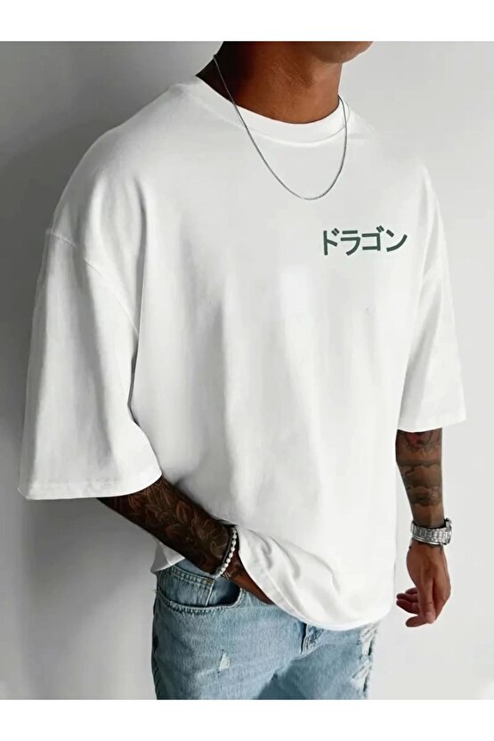 Baskılı Oversize Bisiklet Yaka T-shirt - Beyaz