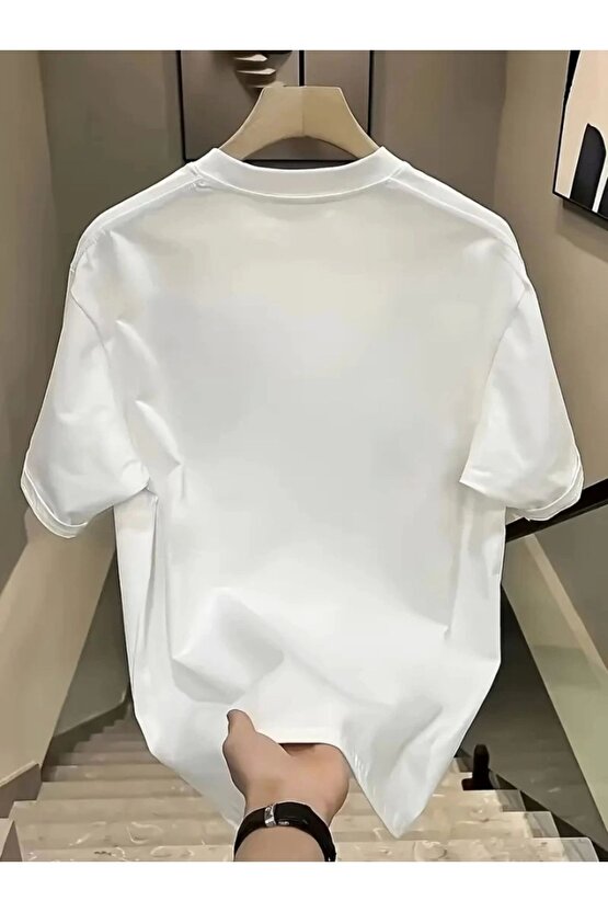 Baskılı Oversize Bisiklet Yaka T-shirt - Beyaz