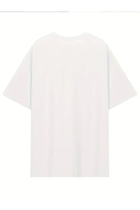 Baskılı Oversize Bisiklet Yaka T-shirt - Beyaz