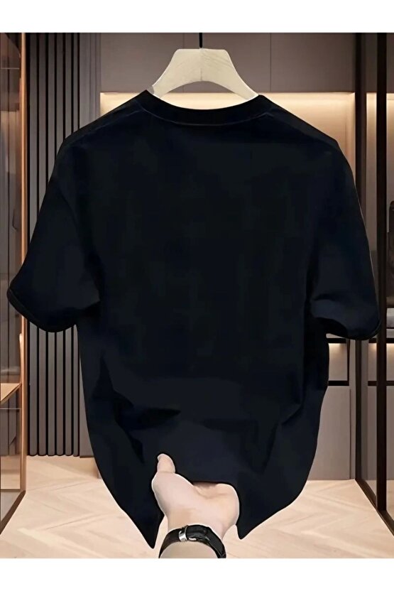 Baskılı Oversize Bisiklet Yaka T-shirt - Siyah
