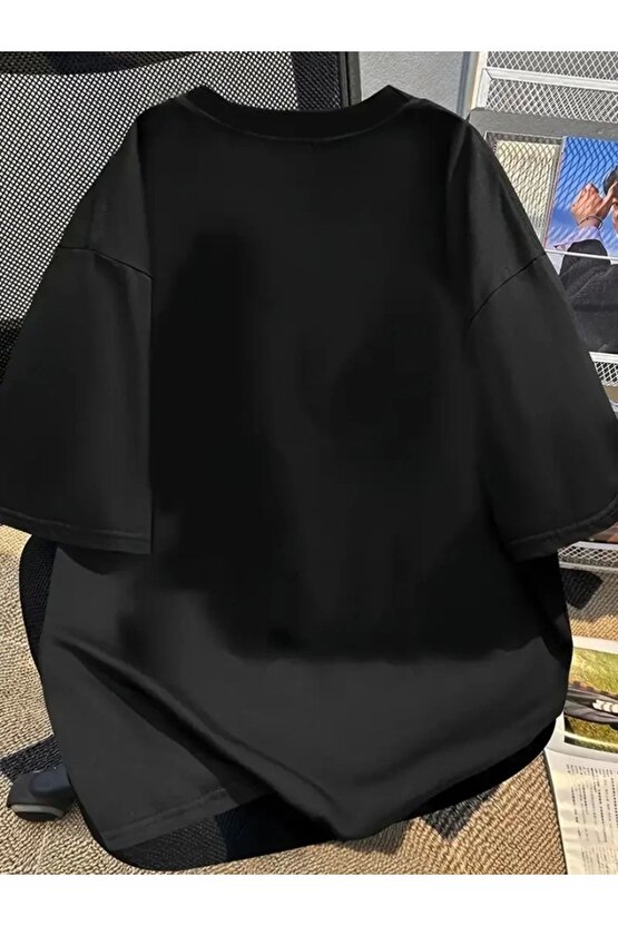 Baskılı Oversize Bisiklet Yaka T-shirt - Siyah
