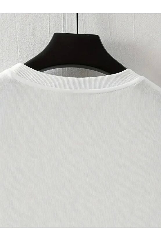 Baskılı Oversize Bisiklet Yaka T-shirt - Beyaz