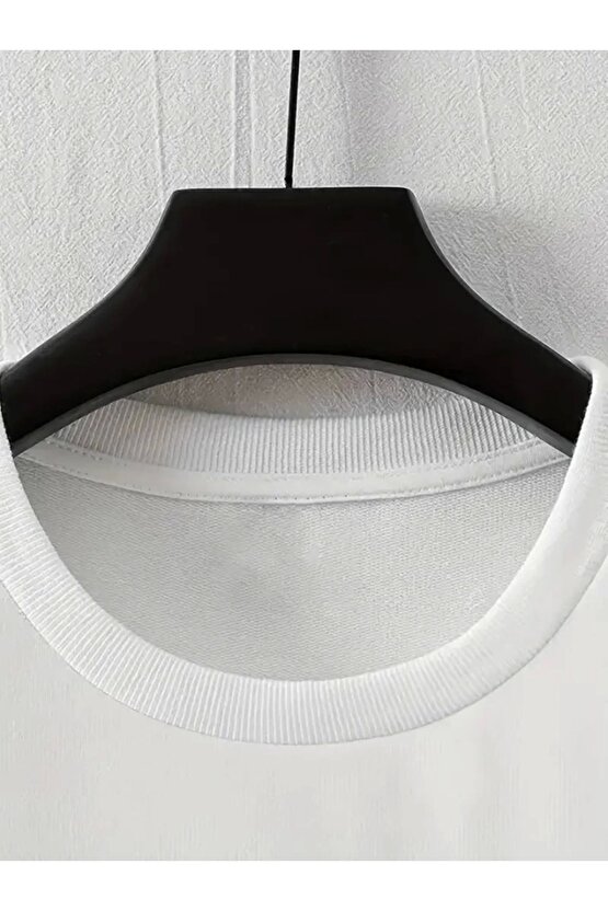 Baskılı Oversize Bisiklet Yaka T-shirt - Beyaz