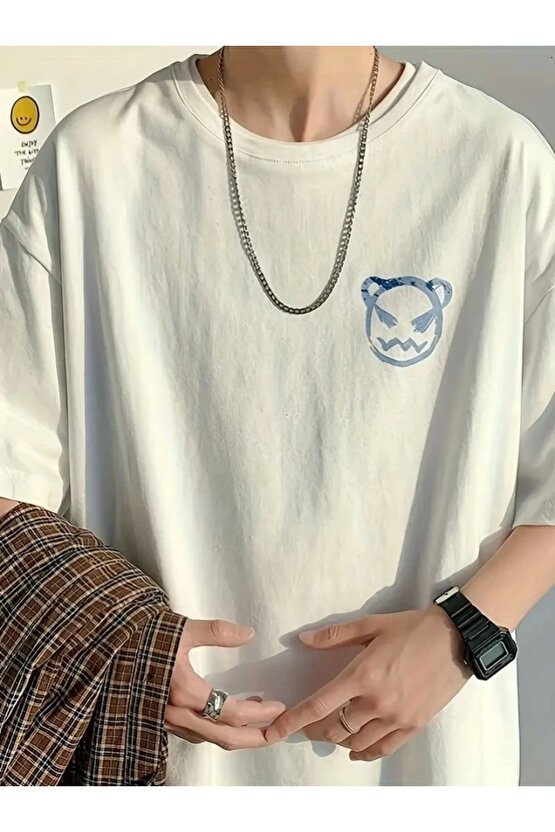 Baskılı Oversize Bisiklet Yaka T-shirt - Beyaz