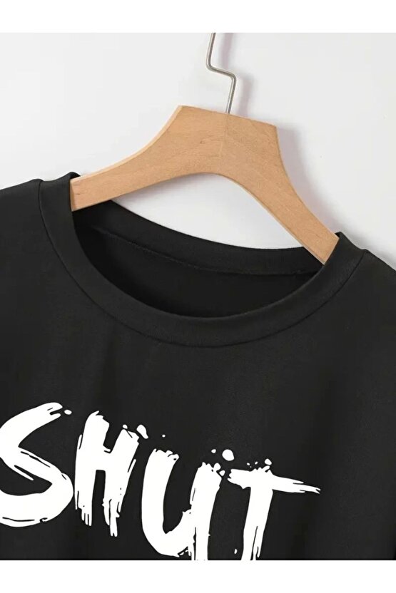 Baskılı Oversize Bisiklet Yaka T-shirt - Siyah