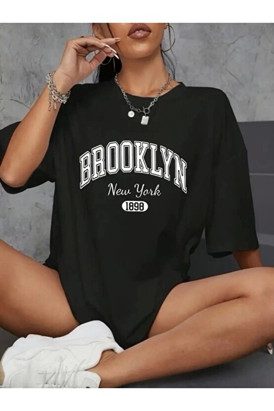 Baskılı Oversize Bisiklet Yaka T-shirt - Siyah