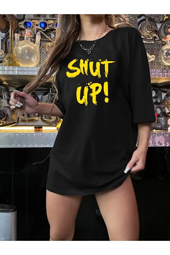 Ahes Shopping Baskılı Oversize Bisiklet Yaka T-shirt - Siyah