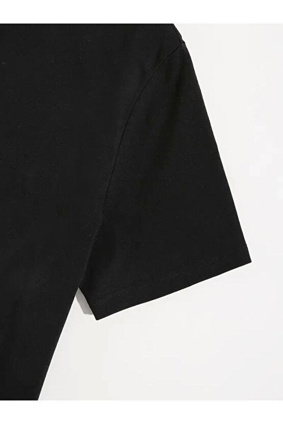Ahes Shopping Baskılı Oversize Bisiklet Yaka T-shirt - Siyah