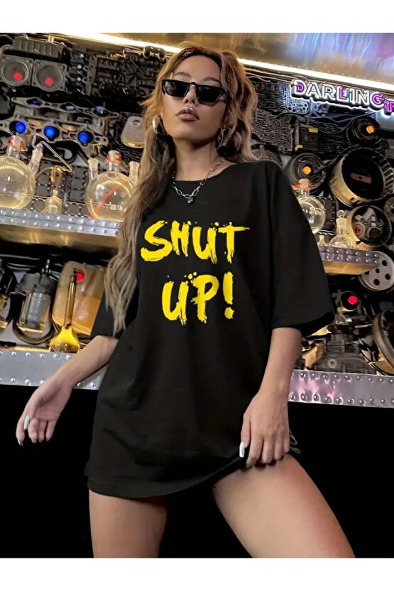 Ahes Shopping Baskılı Oversize Bisiklet Yaka T-shirt - Siyah