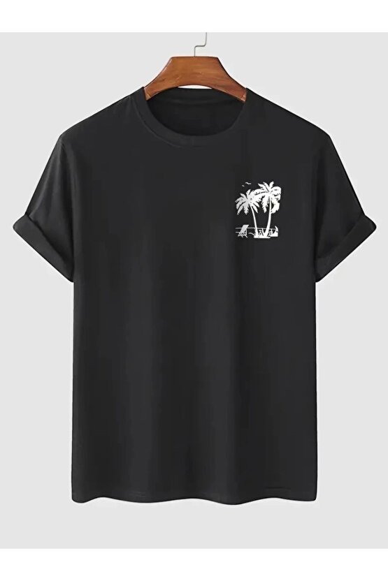 Baskılı Oversize Bisiklet Yaka T-shirt - Siyah