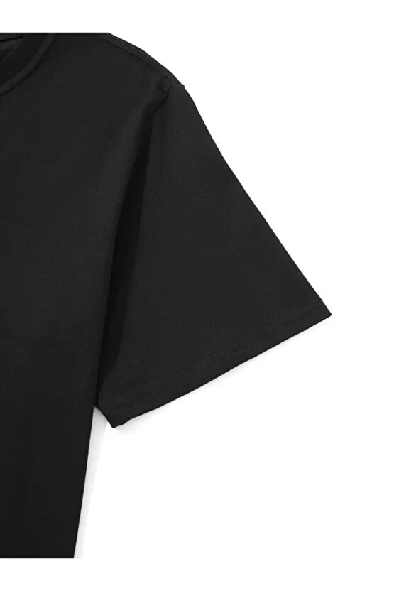 Baskılı Oversize Bisiklet Yaka T-shirt - Siyah