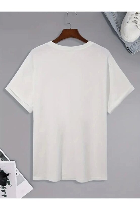 Baskılı Oversize Bisiklet Yaka T-shirt - Beyaz