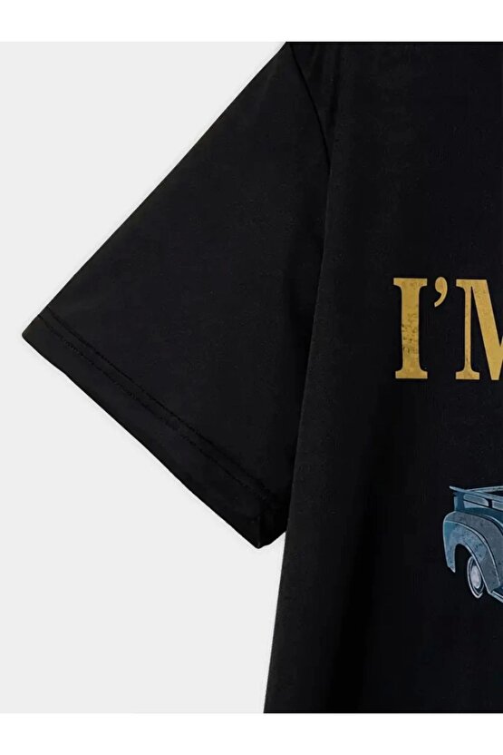 Ahes Shopping Baskılı Oversize Bisiklet Yaka T-shirt - Siyah