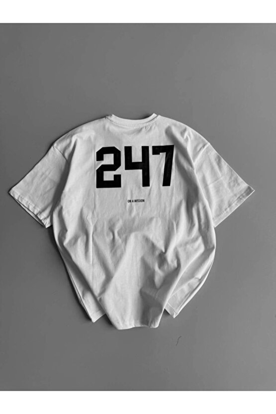 Baskılı Oversize Bisiklet Yaka T-shirt - Beyaz