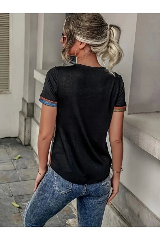 Kadın Kısa Kollu V Yakalı Düğmeli çok Renkli Süprem Bluz