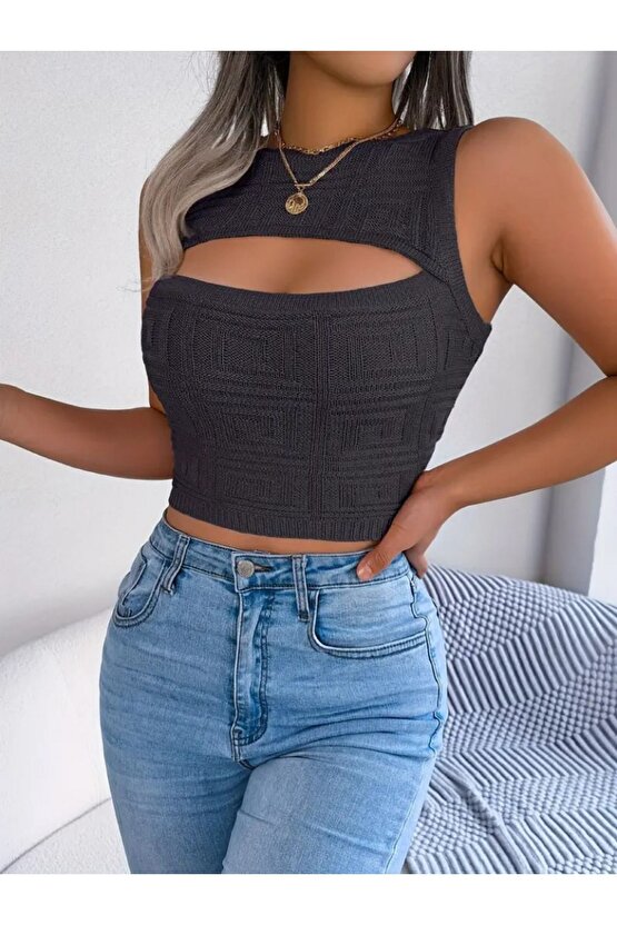 Mra Fashion Kadın Askılı Bisiklet Yaka Güpüs Dekolteli Triko Crop Bluz