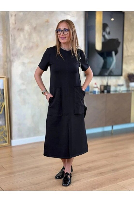 Mra Fashion Kadın Kısa Kollu Bisiklet Yakalı Cepli Önden Yırtmaçlı Viskon Iki Iplik Midi Elbise