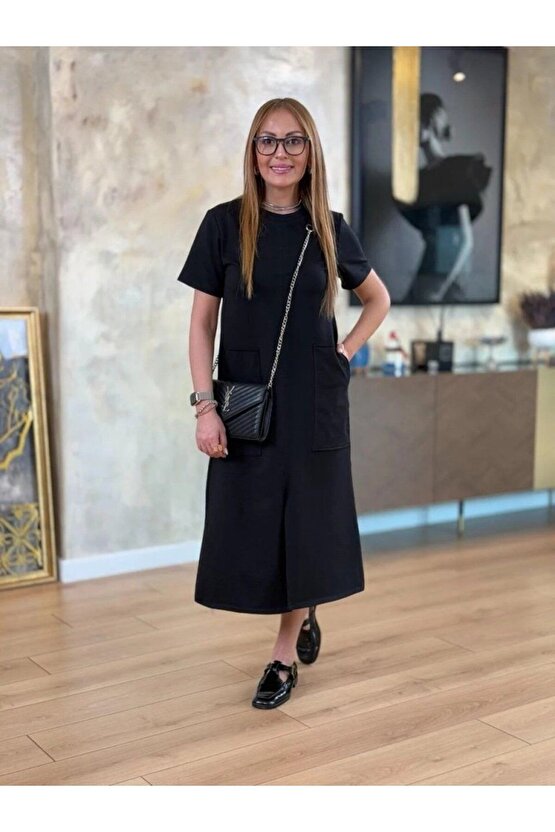 Mra Fashion Kadın Kısa Kollu Bisiklet Yakalı Cepli Önden Yırtmaçlı Viskon Iki Iplik Midi Elbise