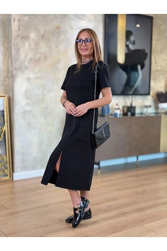 Mra Fashion Kadın Kısa Kollu Bisiklet Yakalı Cepli Önden Yırtmaçlı Viskon Iki Iplik Midi Elbise