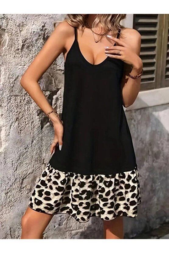 Moda Shop & Butik Kadın Ip Detaylı Kısa Elbise Askılı Yuvarlak Yakalı Viskon Etek Süprem Elbise