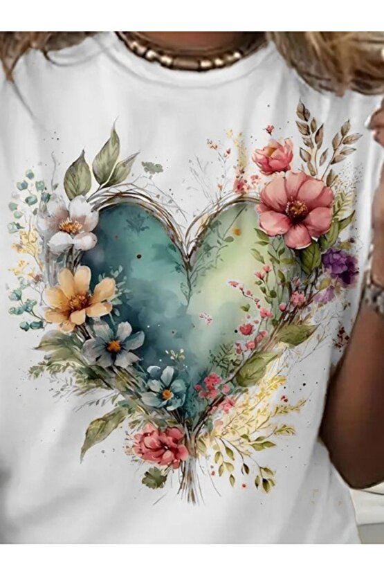 Mra Fashion Kadın Kısa Kollu Bisiklet Yaka Kalp Desenli Süprem Bluz