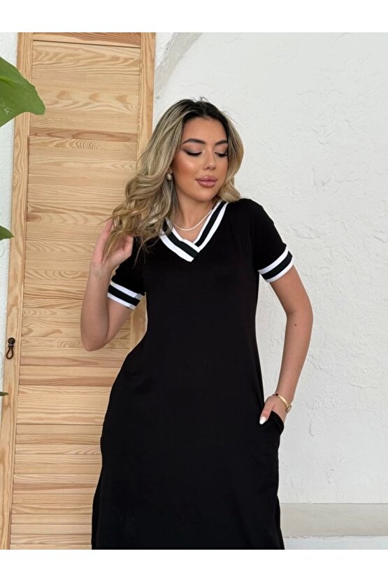 Kadın Kısa Kollu V Yaka Kol Ve Yaka Ribana Detay Midi Boy Viskon Elbise