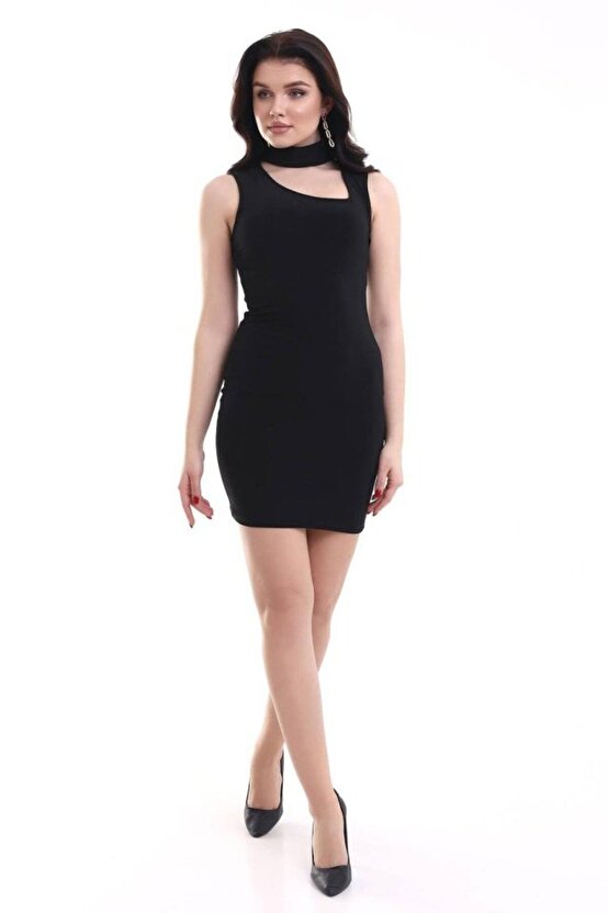 Kadın Asimetrik Yaka Sandy Kumaş Fırsat Ürün Diz Üstü Elbise