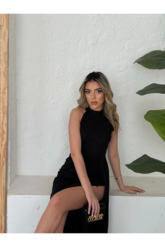 Kadın Halter Yaka Derin Yırtmaç Detaylı Tam Boy Ithal Krep Abiye Elbise