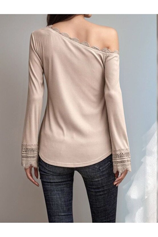 Myterrax Kadın Uzun Kollu Tek Omuzu Açık Dantelli Burgu Bluz