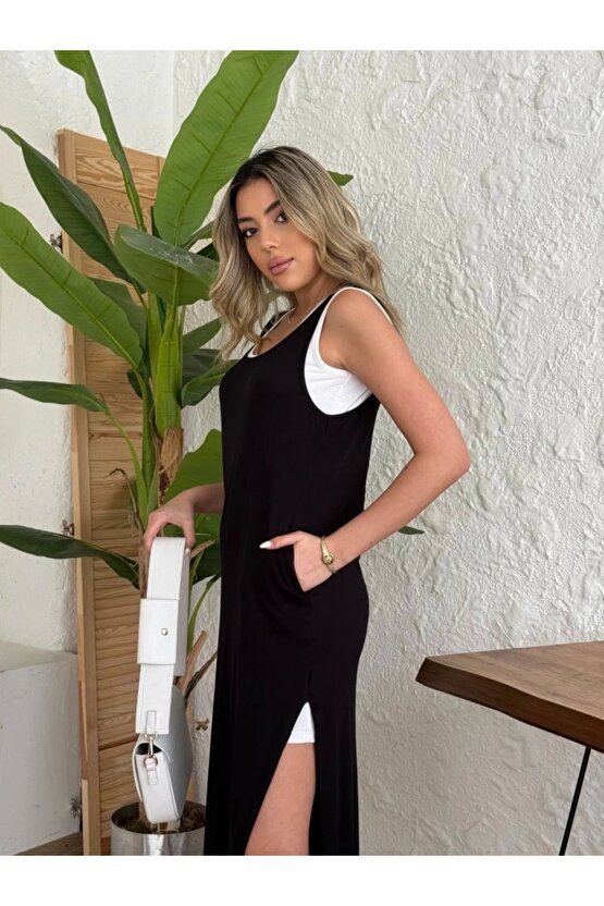 Kadın Yırtmaç Detaylı Viskon Kumaş Maxi Boy Cepli Iç Dahil Ikili Elbise