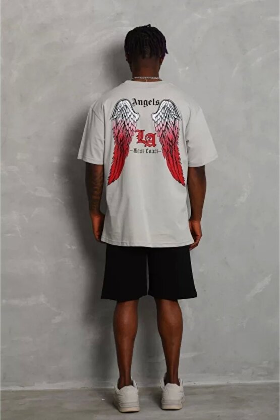 Unisex Oversize Baskılı Bisiklet Yaka T-Shirt - Gri