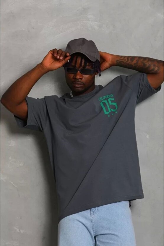 Unisex Oversize Baskılı Bisiklet Yaka T-shirt - Füme