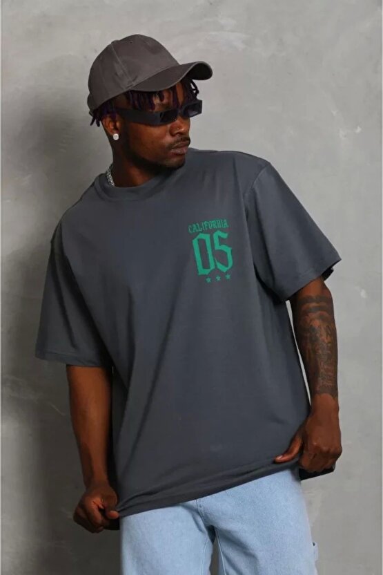 Unisex Oversize Baskılı Bisiklet Yaka T-shirt - Füme
