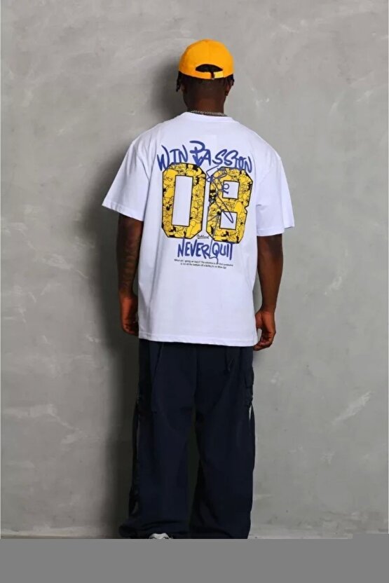 Unisex Oversize Baskılı Bisiklet Yaka T-Shirt - Beyaz