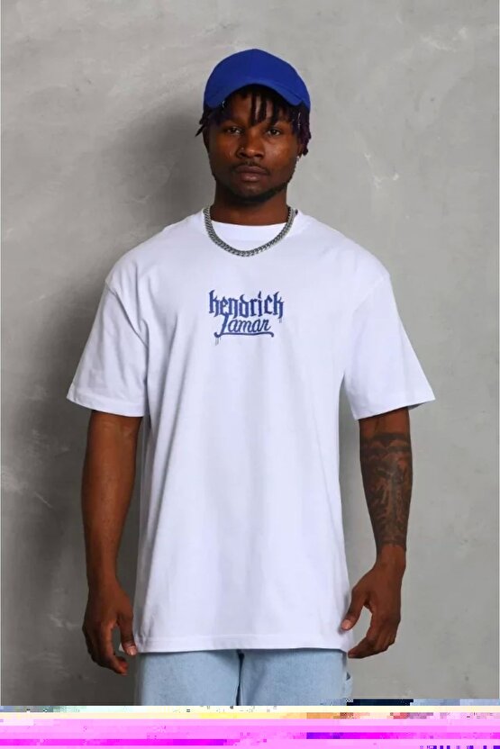 Unisex Oversize Baskılı Bisiklet Yaka T-Shirt - Beyaz