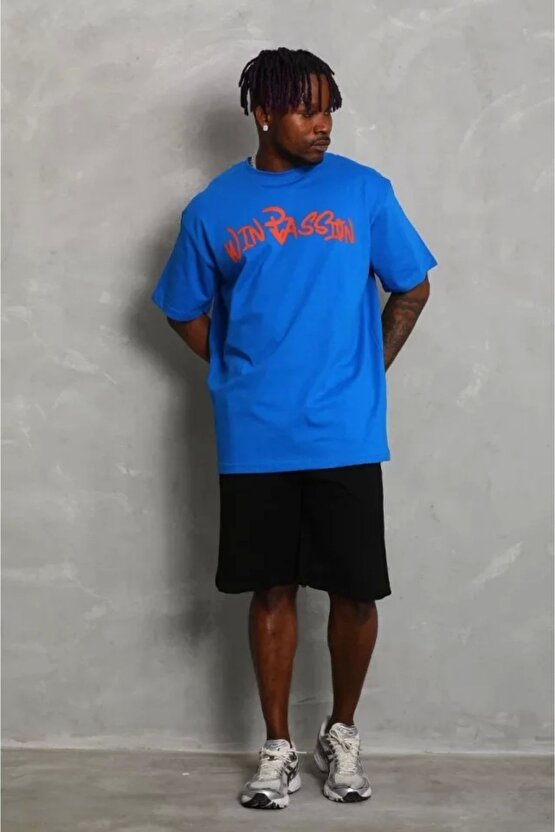 Unisex Oversize Baskılı Bisiklet Yaka T-shirt - Mavi