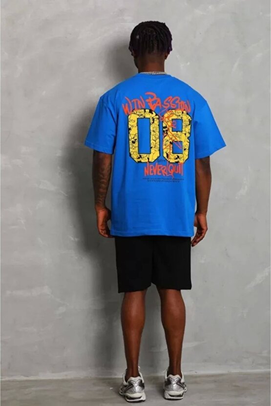 Unisex Oversize Baskılı Bisiklet Yaka T-shirt - Mavi