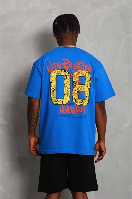 Unisex Oversize Baskılı Bisiklet Yaka T-shirt - Mavi
