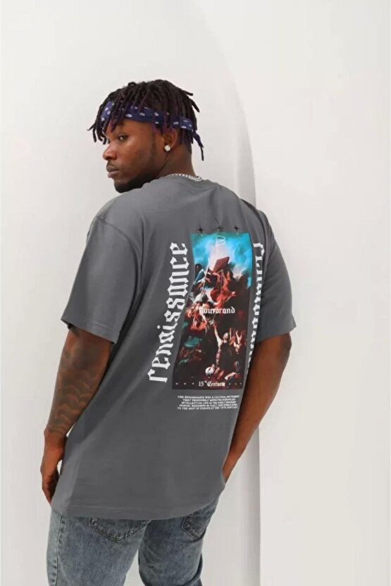 Unisex Oversize Baskılı Bisiklet Yaka T-shirt - Füme
