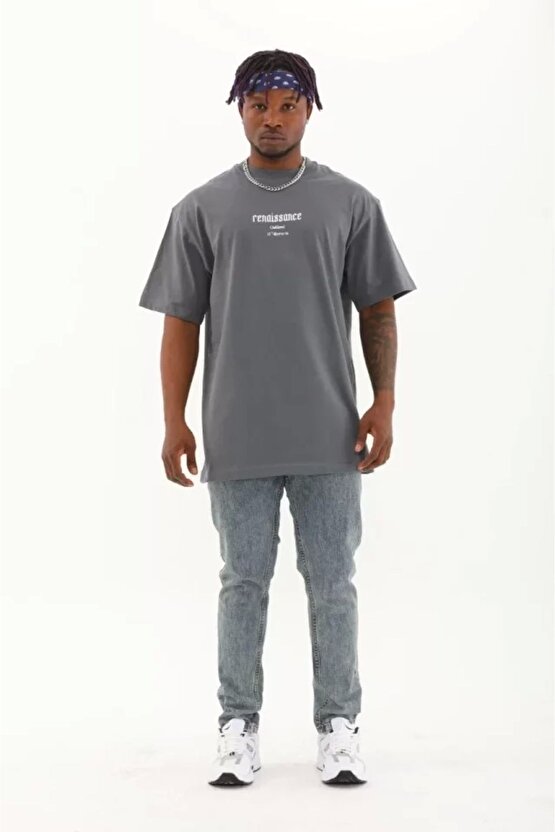 Unisex Oversize Baskılı Bisiklet Yaka T-shirt - Füme