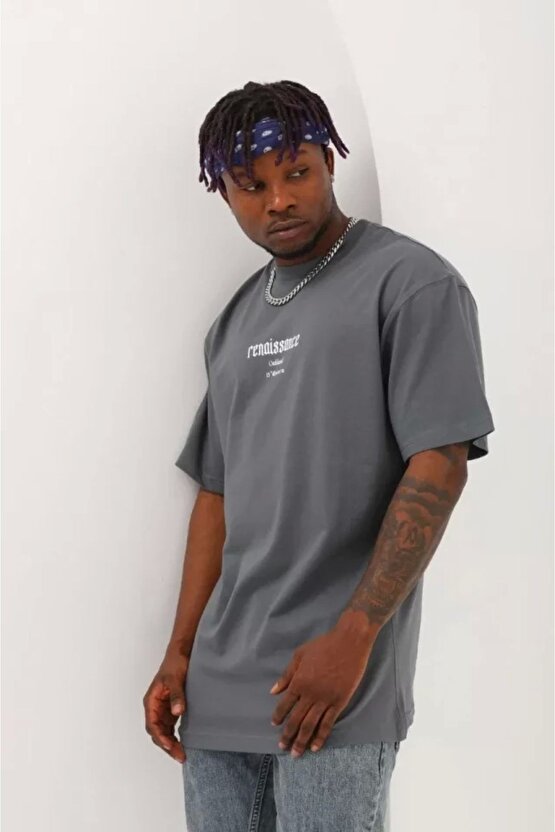 Unisex Oversize Baskılı Bisiklet Yaka T-shirt - Füme