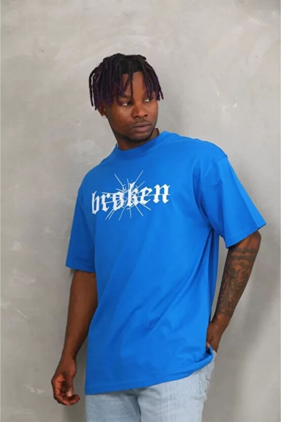 Yonca Moda Unisex Oversize Baskılı Bisiklet Yaka T-shirt - Mavi