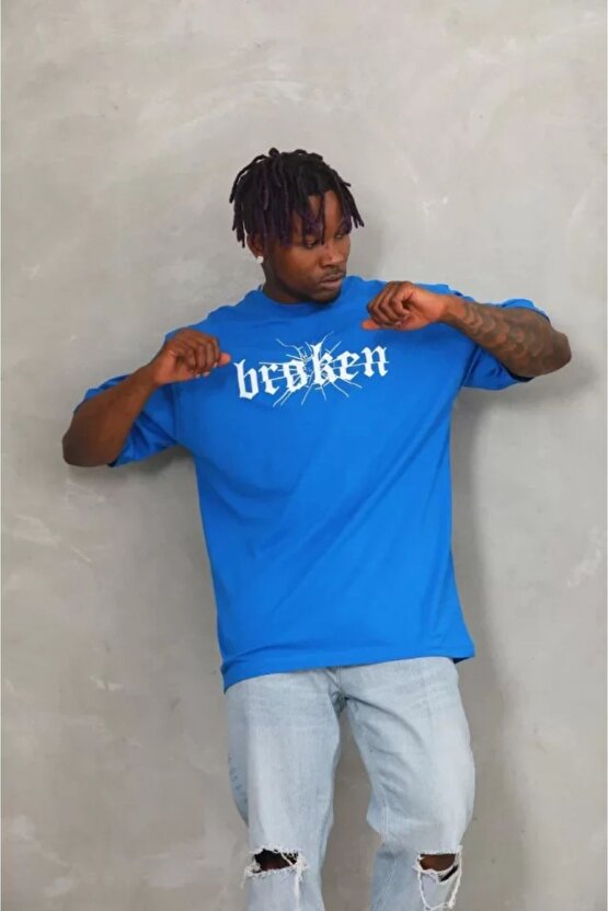 Yonca Moda Unisex Oversize Baskılı Bisiklet Yaka T-shirt - Mavi