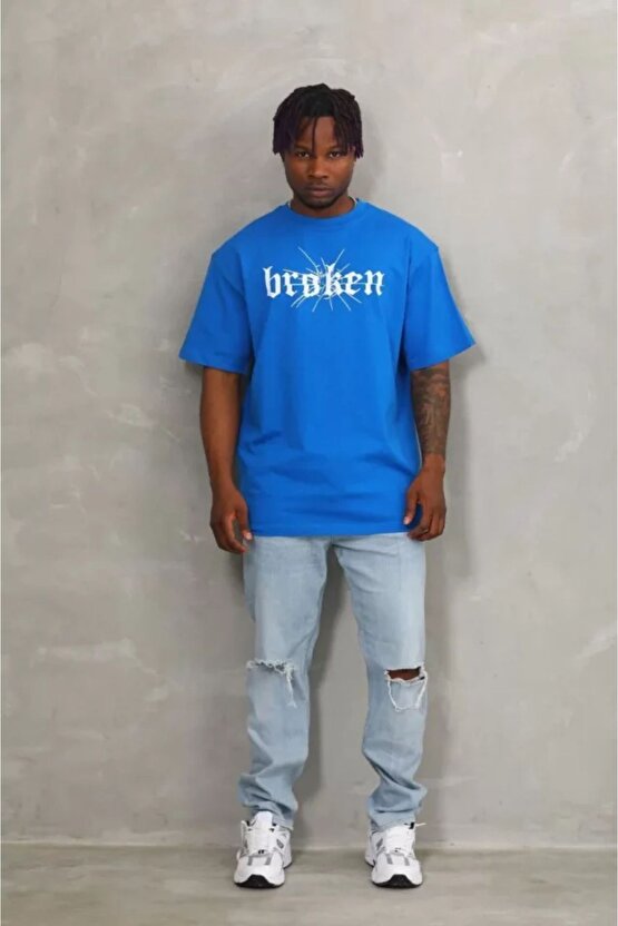Yonca Moda Unisex Oversize Baskılı Bisiklet Yaka T-shirt - Mavi