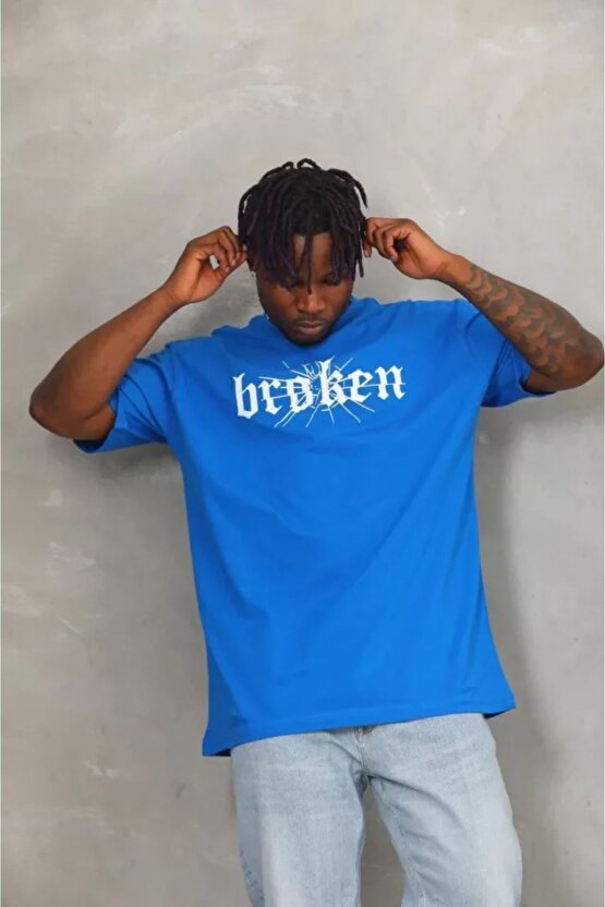 Yonca Moda Unisex Oversize Baskılı Bisiklet Yaka T-shirt - Mavi