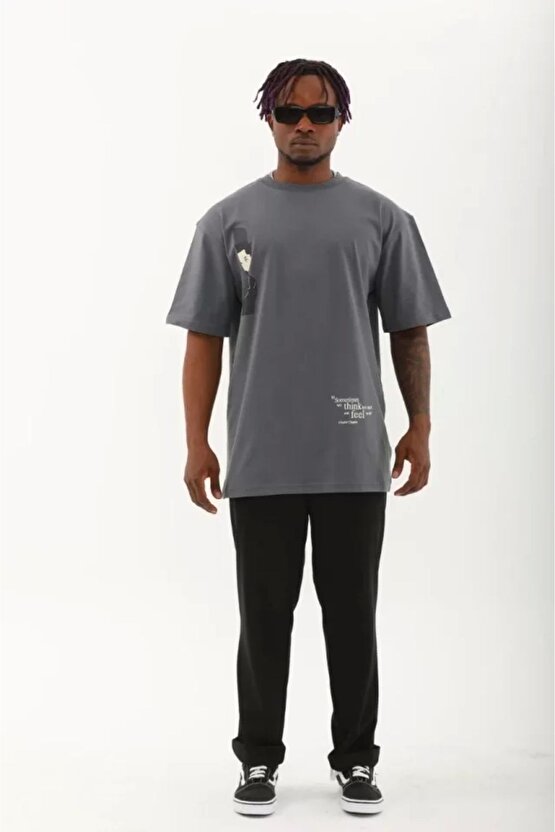 Unisex Oversize Baskılı Bisiklet Yaka T-Shirt - Füme