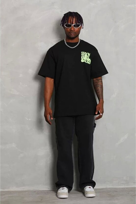 Unisex Oversize Baskılı Bisiklet Yaka T-Shirt - Siyah